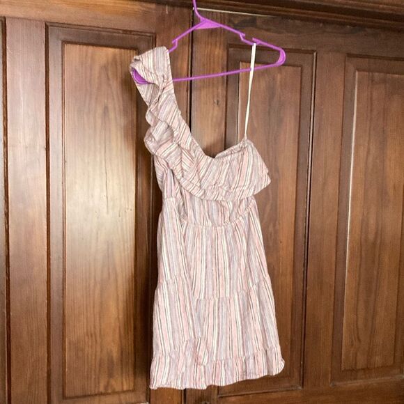 Forever 21 Striped One Shoulder Linen Blend Tiered Pink Striped Mini Dress M - Picture 2 of 8